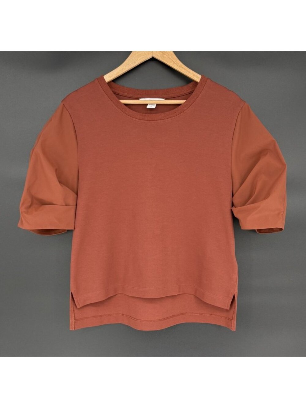 Athleta Harlow Hybrid Tee S Brown Ancient Mahogany Mixed Media Puff Sleeve Top